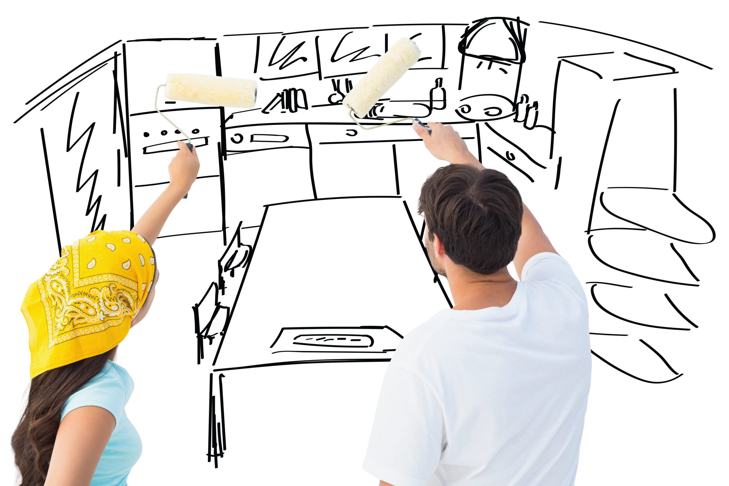 happy young couple painting together against kitchen sketch 1 scaled